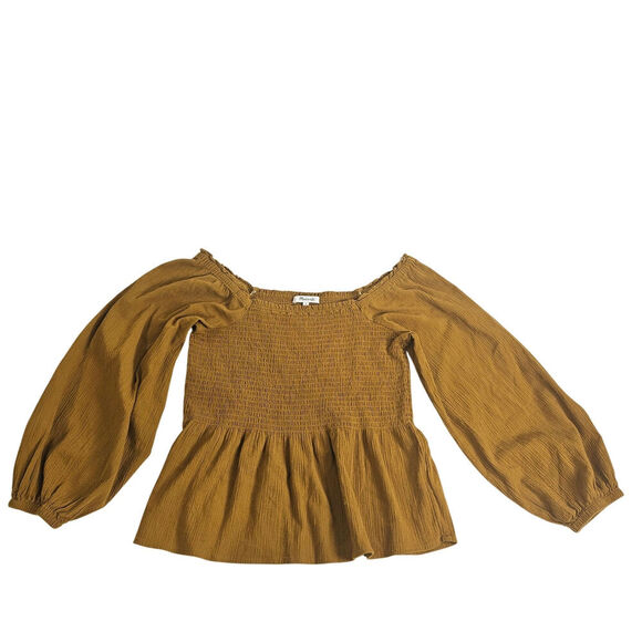 Madewell Lucie Smocked Peplum Top Mustard Brown size 2 - Picture 1 of 6